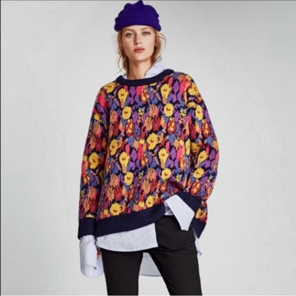Zara Chunky Floral Jaquard Colorful Sweater Oversized Baggy Loose Bold Retro M - Picture 6 of 14